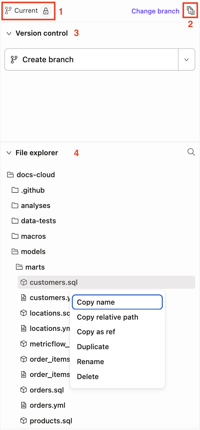 The Git repo link, documentation site button, Version Control menu, and File Explorer The Git repo link, documentation site button, Version Control menu, and File Explorer