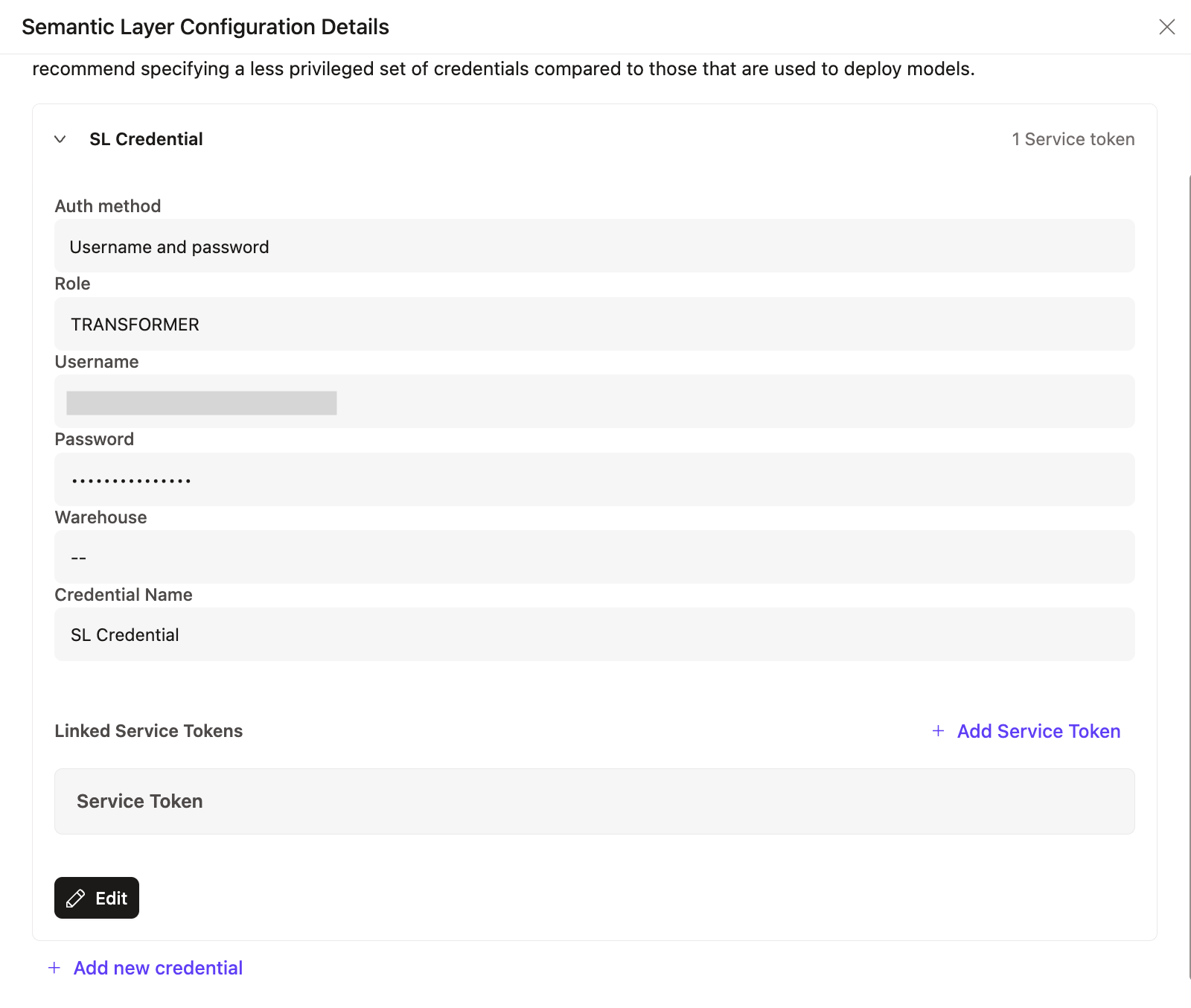 Use the configuration page to manage multiple credentials or link or unlink service tokens for more granular control. Use the configuration page to manage multiple credentials or link or unlink service tokens for more granular control.